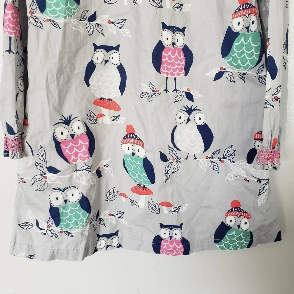 Mini Boden Girls 6-7 Long Sleeve Dress Grey Colorful Owls Smock Neck Cuffs Pink